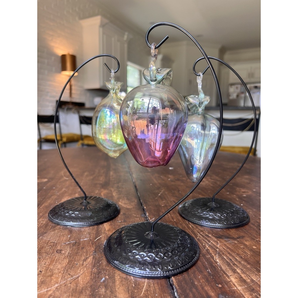 SET of 3 Vintage Italian Artisan‎ HAND BLOWN GLASS Fruit Ornaments + Stands